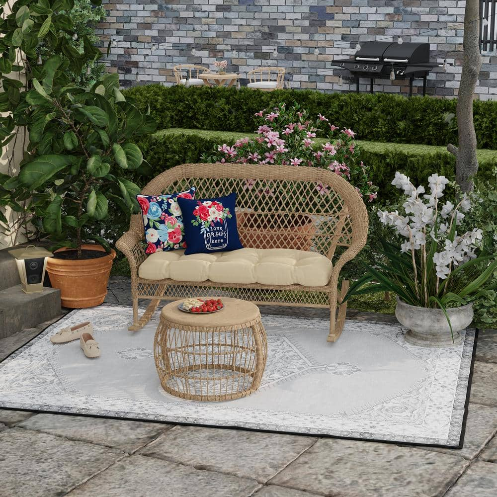 Jordan Manufacturing 16" x 16" Love Grows Here Navy Novelty and Multicolor Floral Reversible Square Outdoor Throw Pillow with Welt