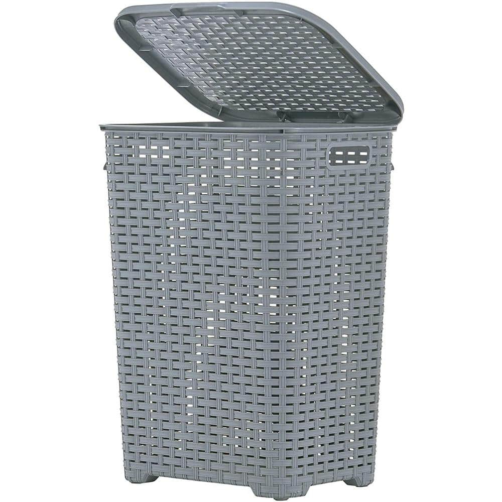 Gray Wicker Upright Hamper with Hinged Lid