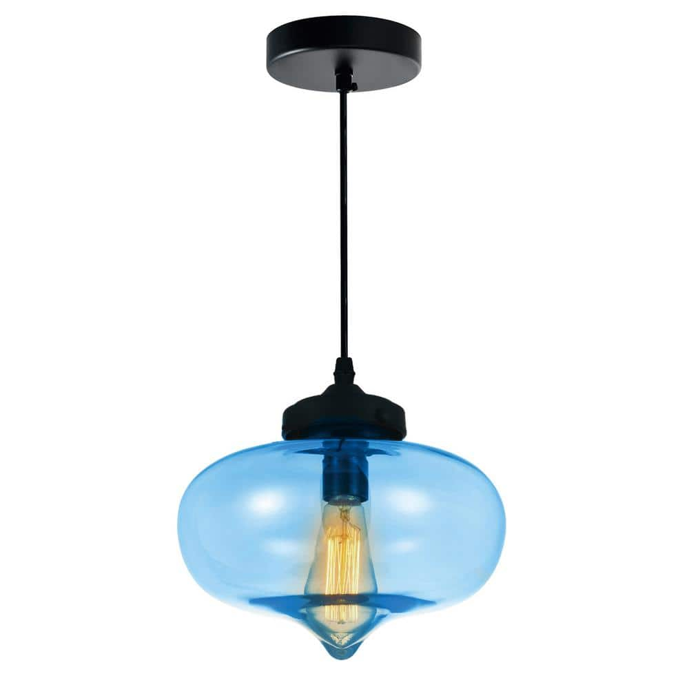 CWI Lighting Glass 1 Light Contemporary Metal Mini Pendant in Blue/Black