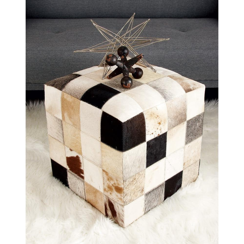 DecMode Leather Handmade Stool with Patchwork Pattern, Multi Colored