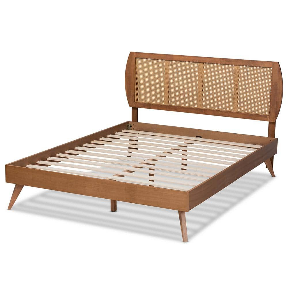 Baxton Studio Asami Mid-Century Modern Walnut Brown Finished Wood and Synthetic Rattan Full Size Platform Bed