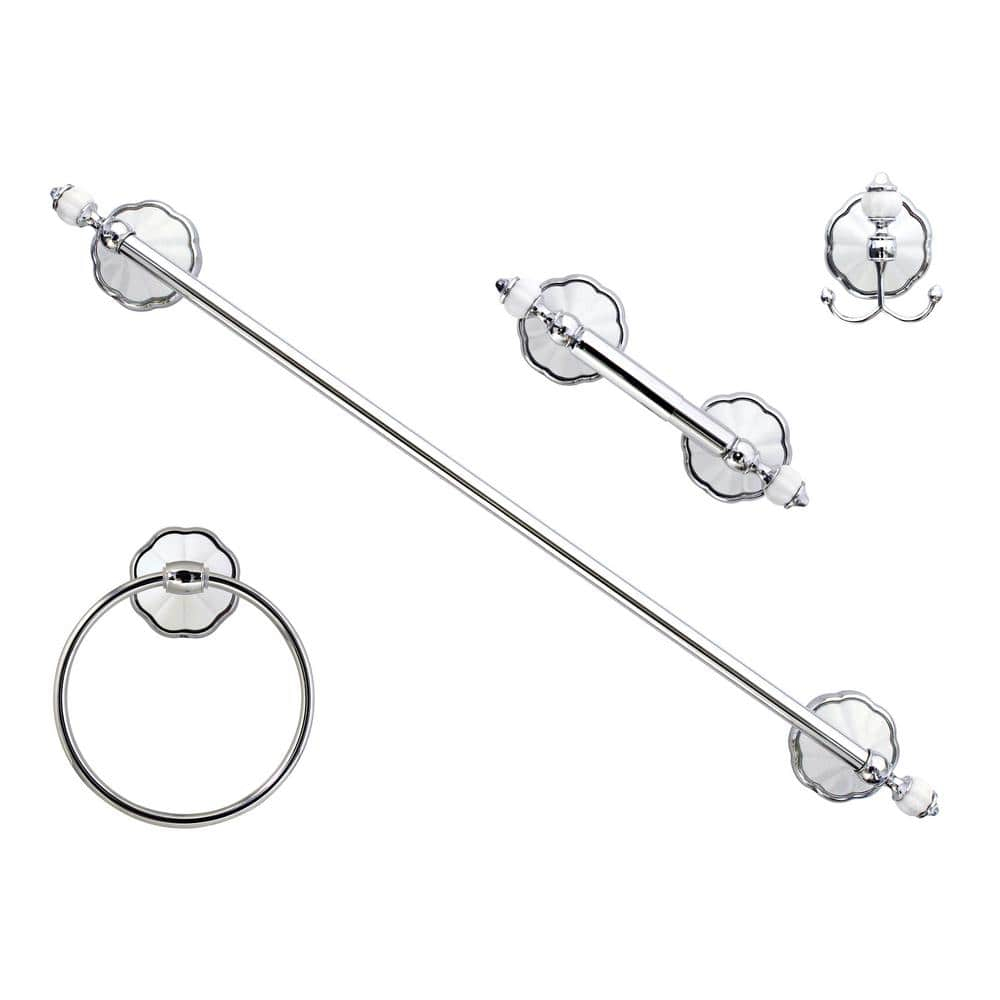 FLORA 4 Piece Bathroom Accessories Set in White Porcelain and Polished Chrome