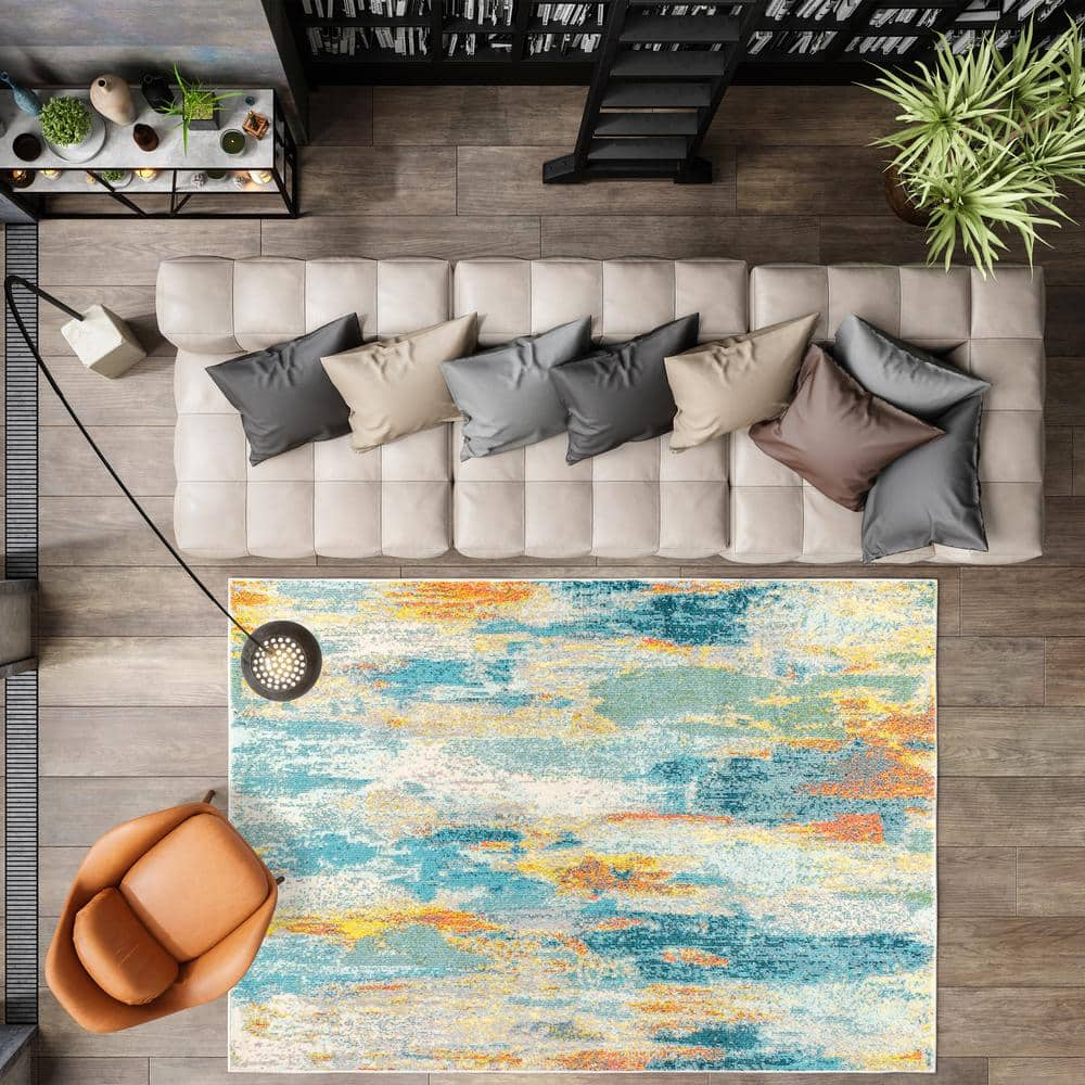 JONATHAN  Y Contemporary POP 5 x 8 (ft) Loomed Polypropylene Blue/Cream/Yellow Rectangular Indoor Abstract Bohemian/Eclectic Area rug