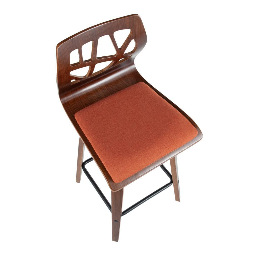 Folia Mid-Century Modern Counter Stool in Walnut Wood and Orange Fabric by LumiSource - Set of 2
