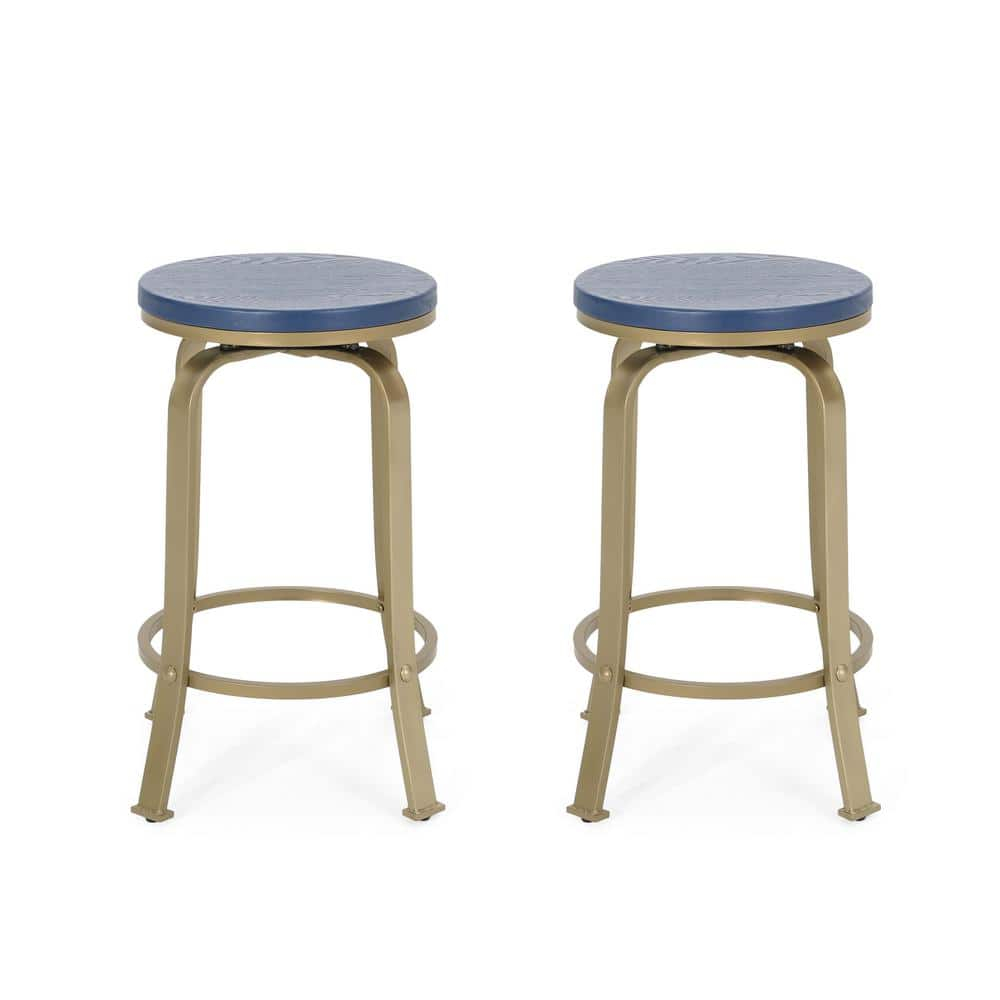 Noble House Skyla Modern Swivel Counter Stool in Blue and Gold (Set of 2)