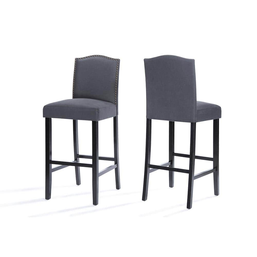 Noble House Merritt Fabric Upholstered Barstool with Nailhead Trim, Set of 2, Dark Charcoal and Walnut