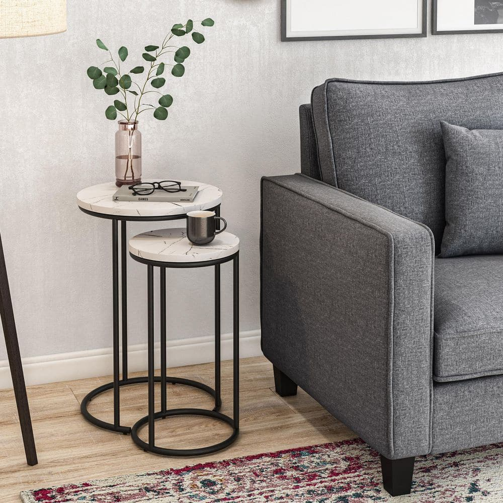 CorLiving Fort Worth White Faux Marble Finish Engineered Wood Round Tall Nesting Side Tables with Black Steel Base