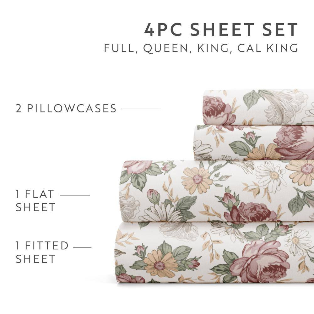 California King Ivory Floral Microfiber Polyester Sheet Set