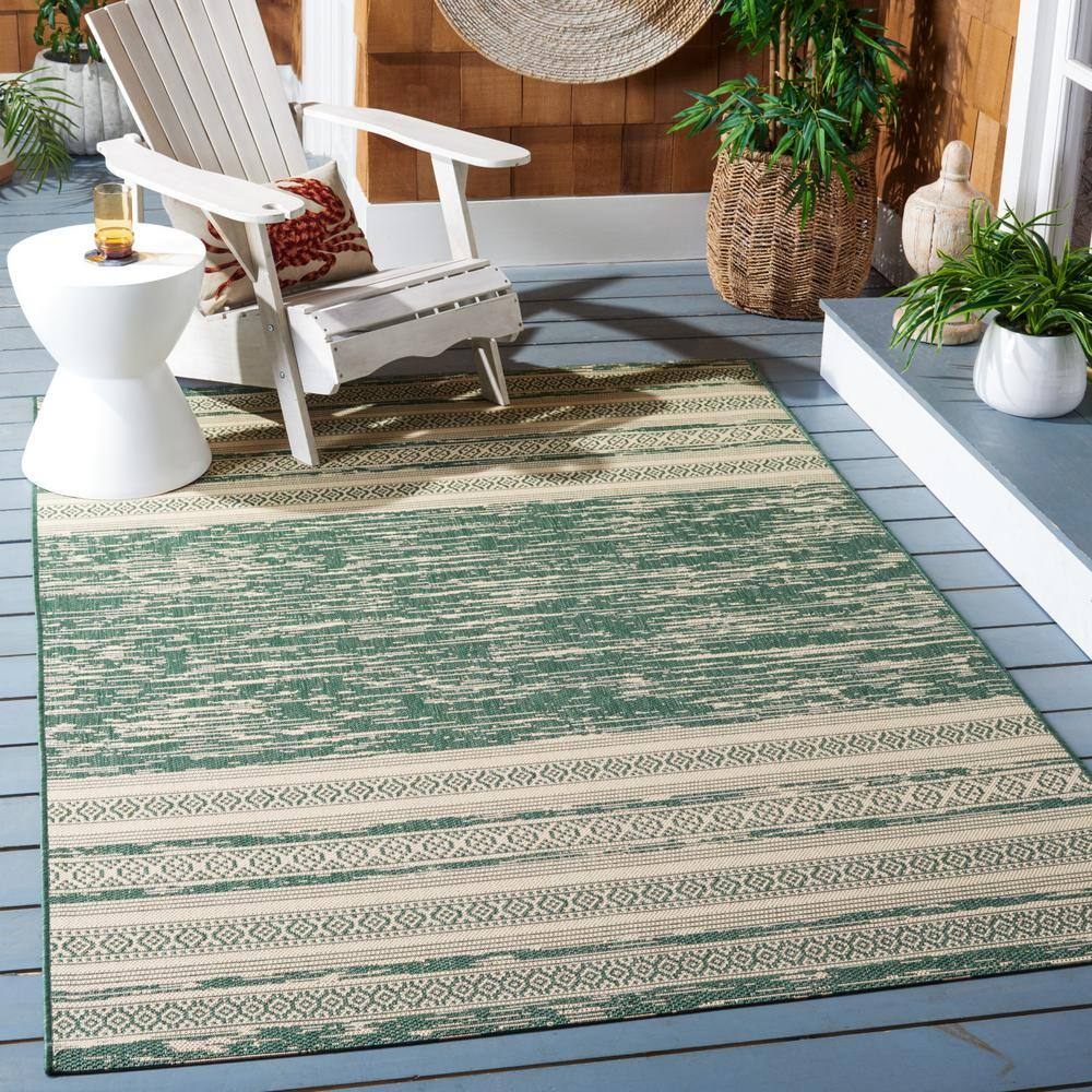 SAFAVIEH Courtyard Galen Striped Indoor/Outdoor Area Rug, Dark Green/Beige, 4' x 5'7"