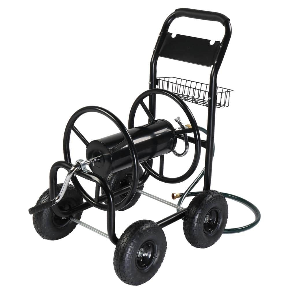 Garden Hose Reel Cart,Kepeak Water Hose Cart 4 Wheels, Hold 300-feet of 5/8-inch Hose, Heavy Duty Wheel Cart Powder Coat Finish & Basket, for Garden Yard Lawn Farm Watering, (Black)