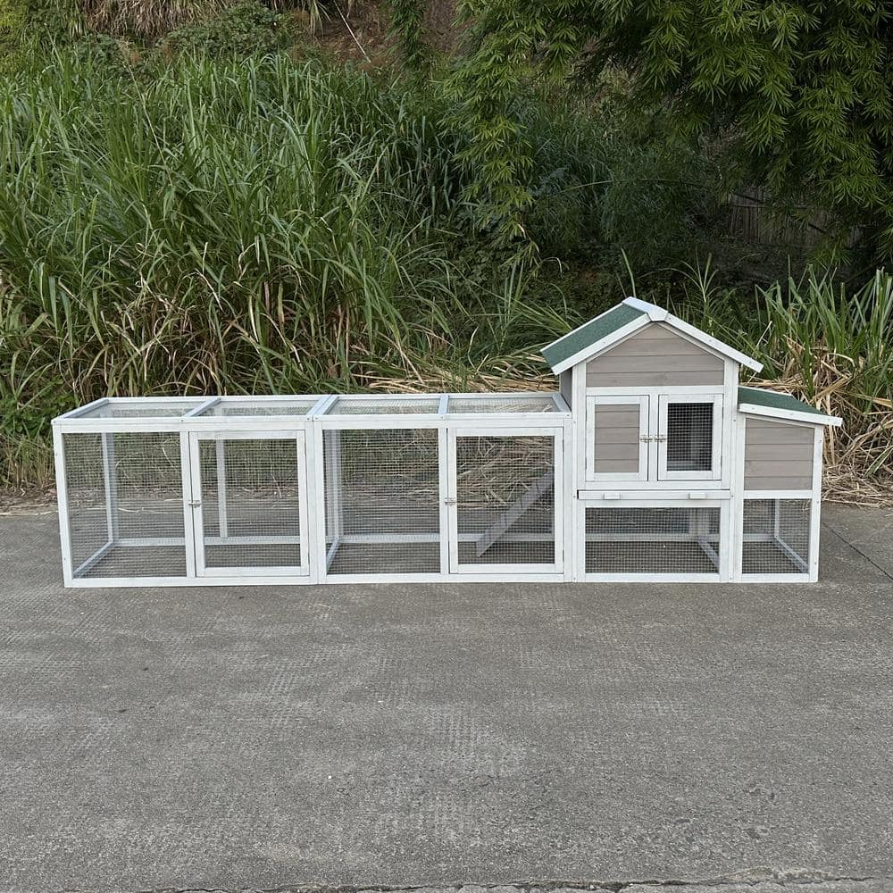 122 in. Large Gray Wood Chicken Coop Hen House Pet Rabbit Hutch Wooden Pet Cage Backyard with Nesting Box