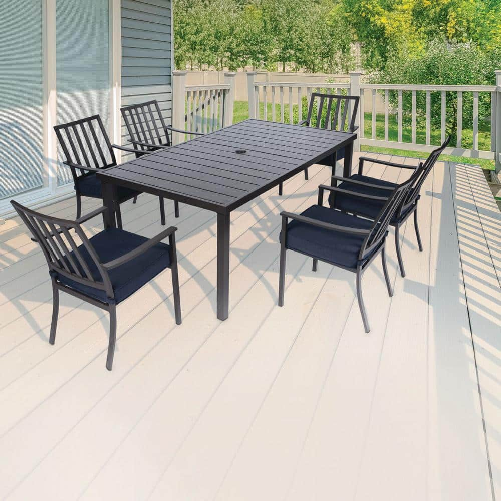 Mod Furniture Carter 7-Piece Modern Outdoor Patio Furniture Dining Set with All-Weather Aluminum Frames, 6 Padded Dining Chairs and 72"x40" Slat Table