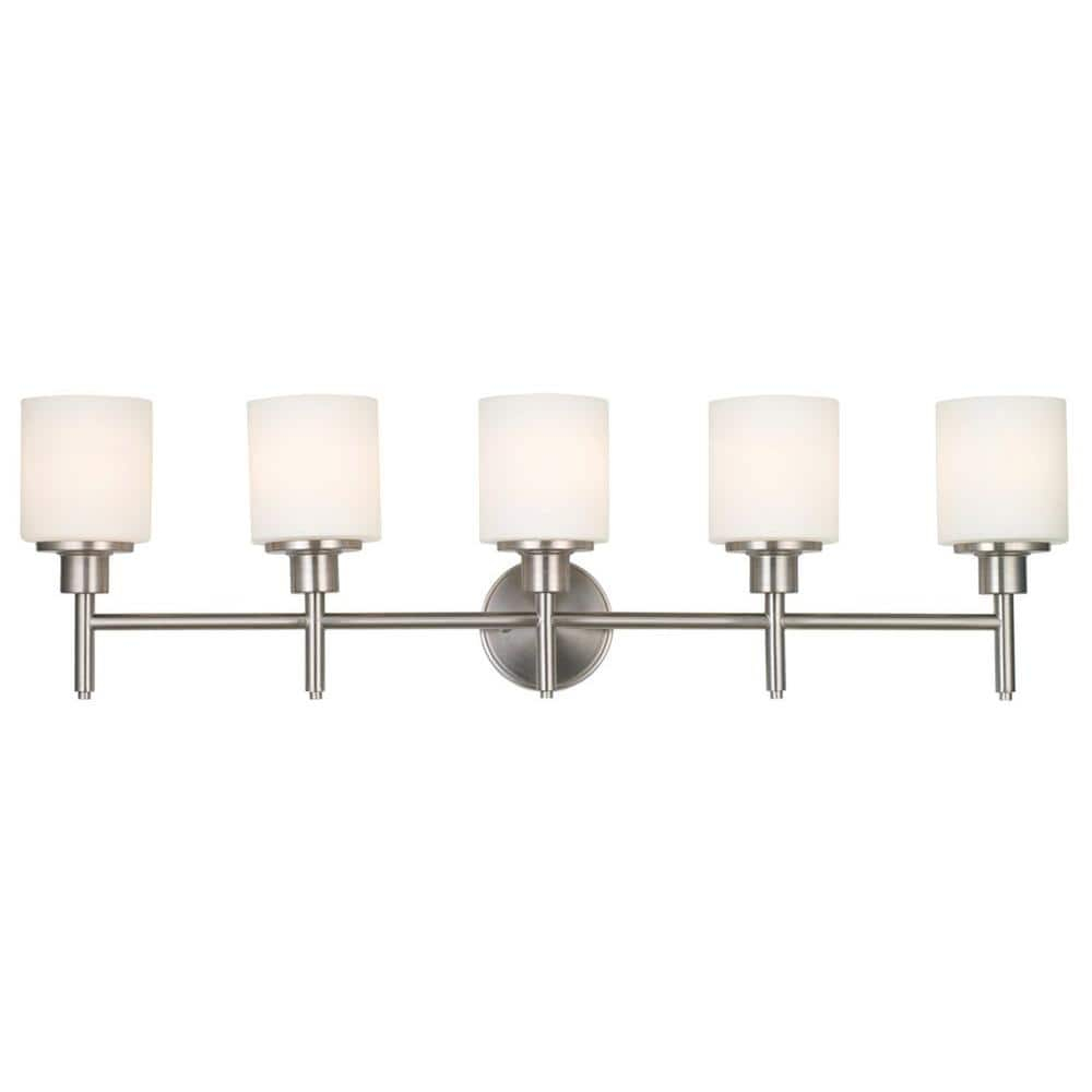 Design House 556225 Aubrey Transitional 5-Light Indoor Bathroom Vanity Light Dimmable Frosted Glass for Over the Mirror, Satin Nickel