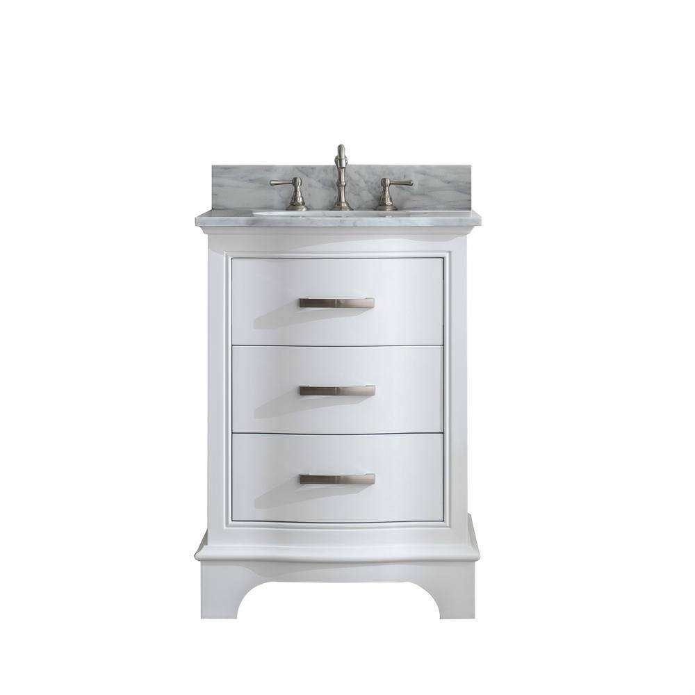 Monroe 24 in. W x 22 in. D Bath Vanity in White with Natural Marble Vanity Top in Carrara White with White Sink
