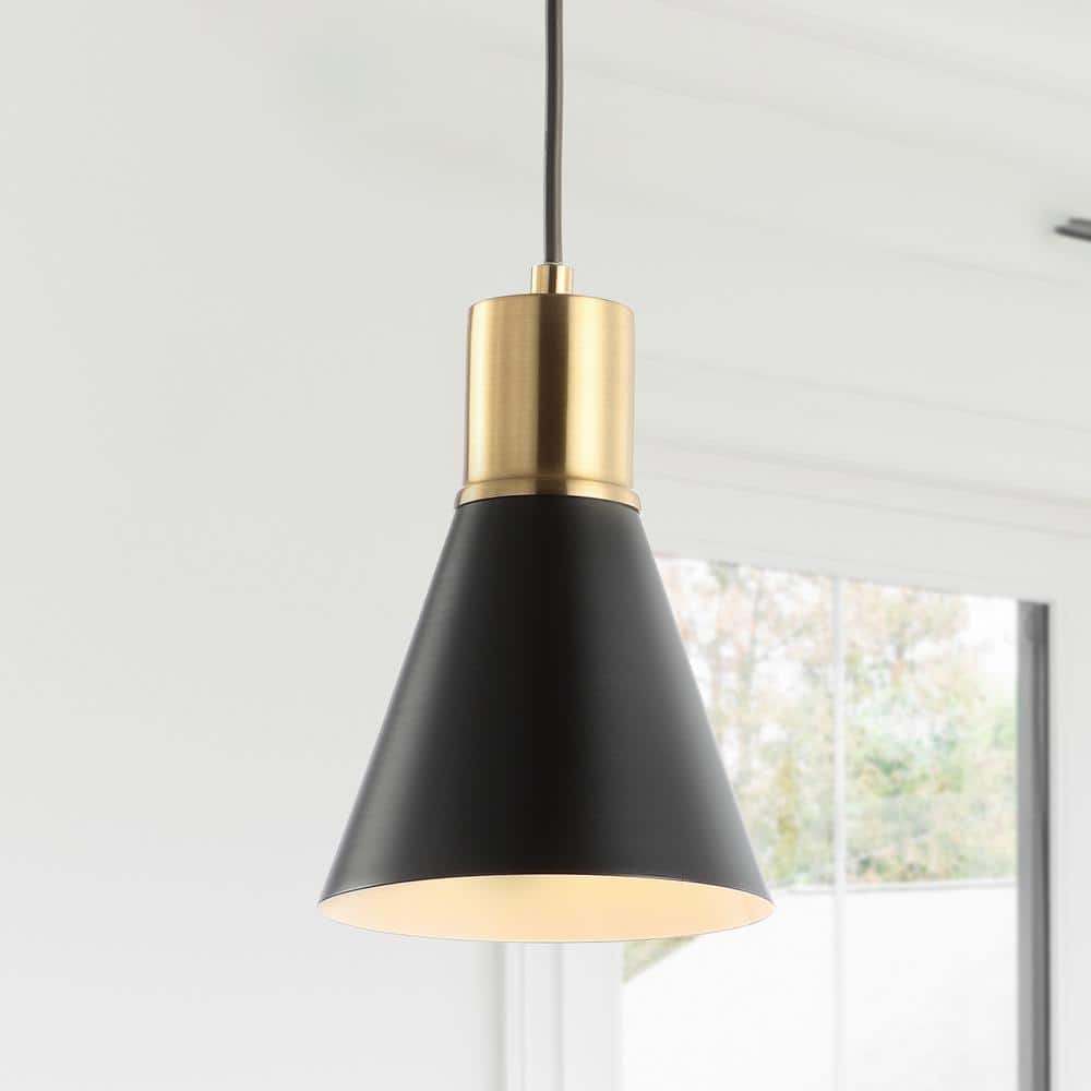 JONATHAN Y Apollo 6" 1-Light Mid-Century Modern Iron LED Pendant, Black/Brass Gold