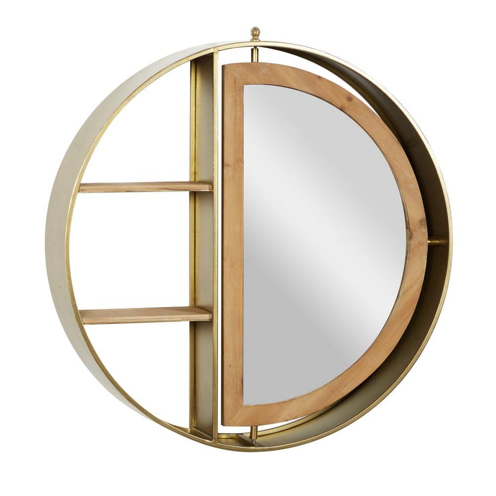 DecMode 28" x 5" 2-Tier Gold Wall Shelf with Half Moon Shaped Mirror