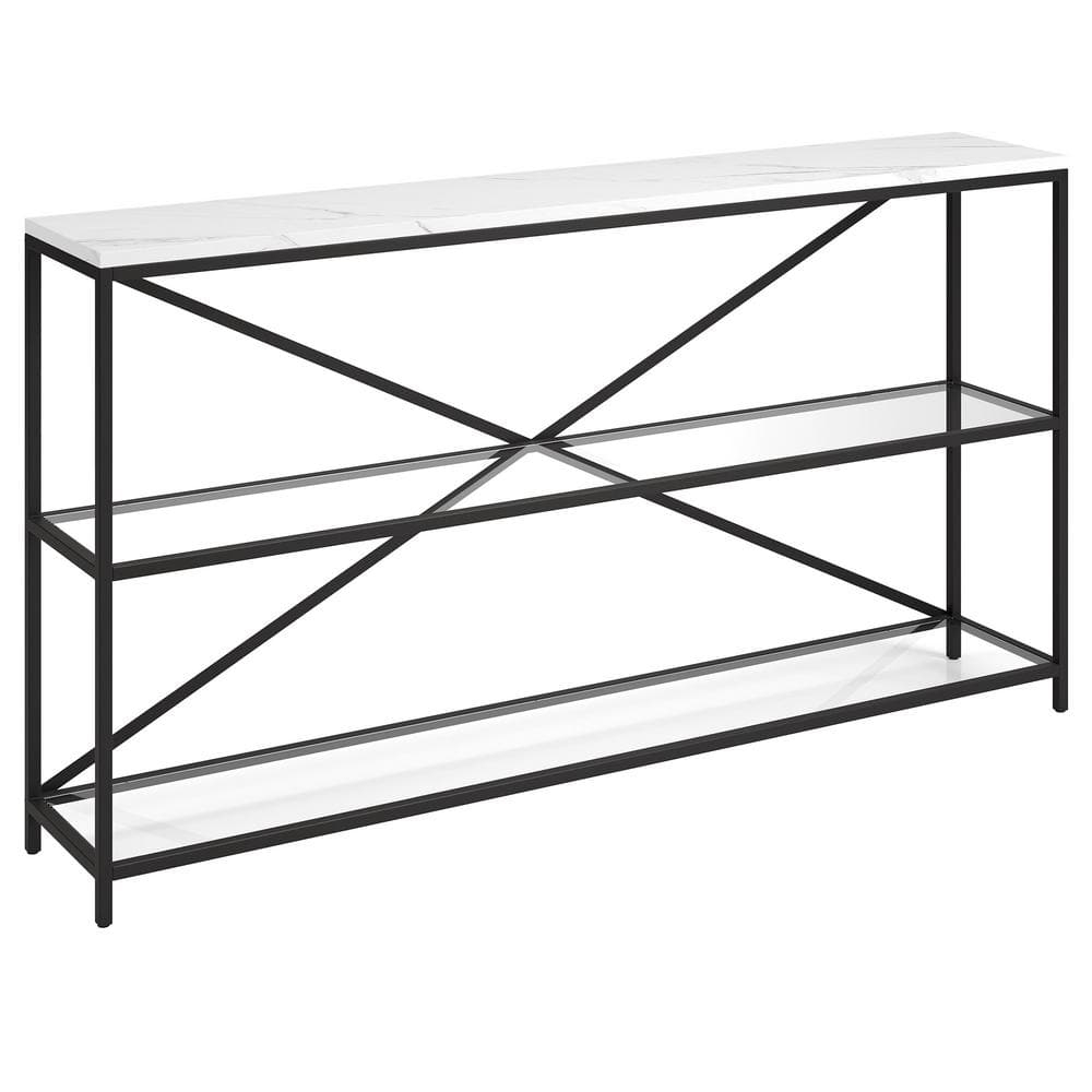 Evelyn&Zoe Fionn 55" Wide Rectangular Console Table with Faux Marble Top, Blackened Bronze