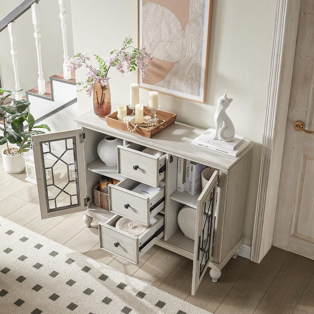 Antique White Wood 45 in. Kitchen Sideboard Buffet with 3 Storage Drawer Dining Room Cabinet Serving Wine Cupboard