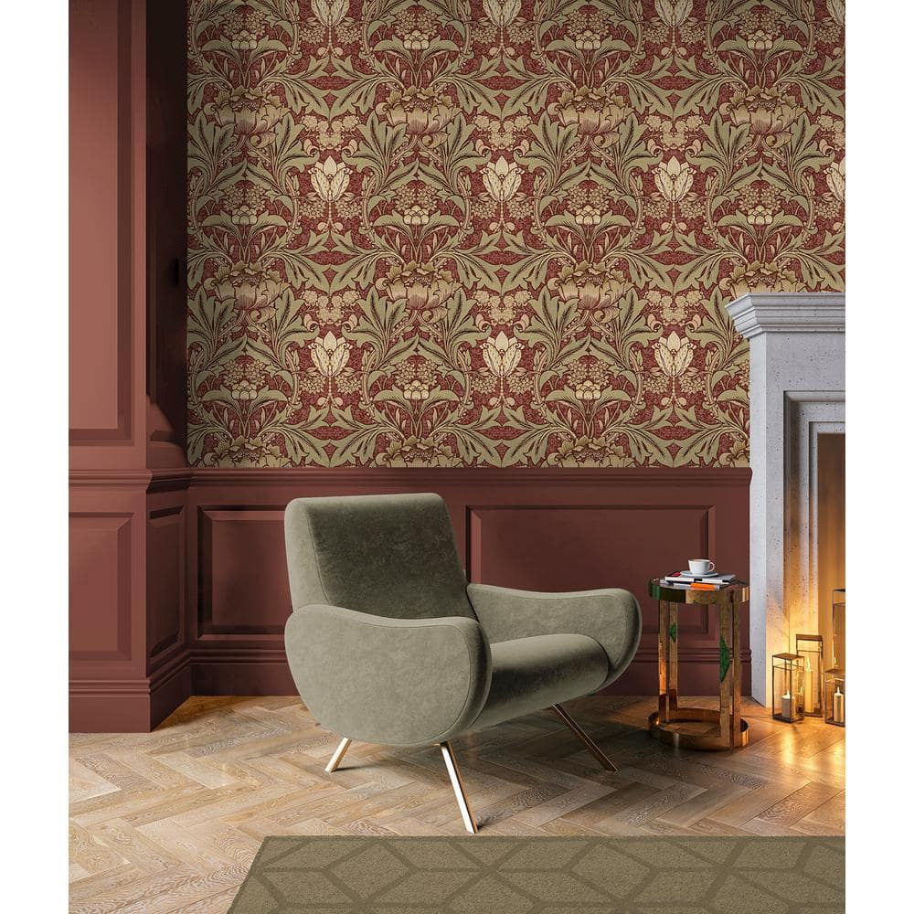 Seabrook Designs  Acanthus Floral Prepasted Wallpaper 20.5 in. W x 33 ft. L - Red Clay & Lichen