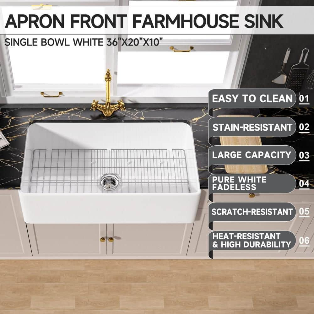 TUKTUK White Farmhouse Sink 36 inch Fireclay Farm Sink Apron Front Single Bowl Kitchen Sinks Deep Large Capacity Porcelain Ceramic Sink Undermount Luxury Bottom Grid & Strainer Drain Included