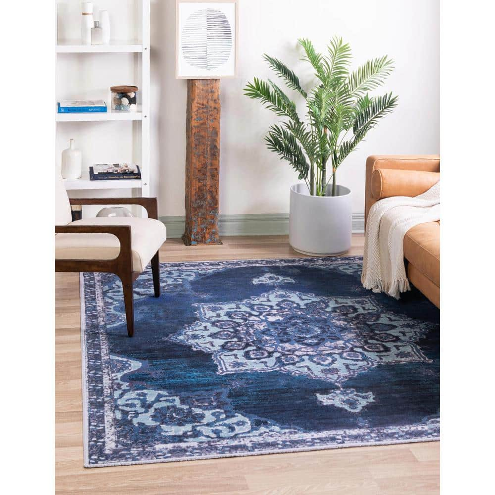 Navy Blue Medallion Synthetic Washable Square Rug