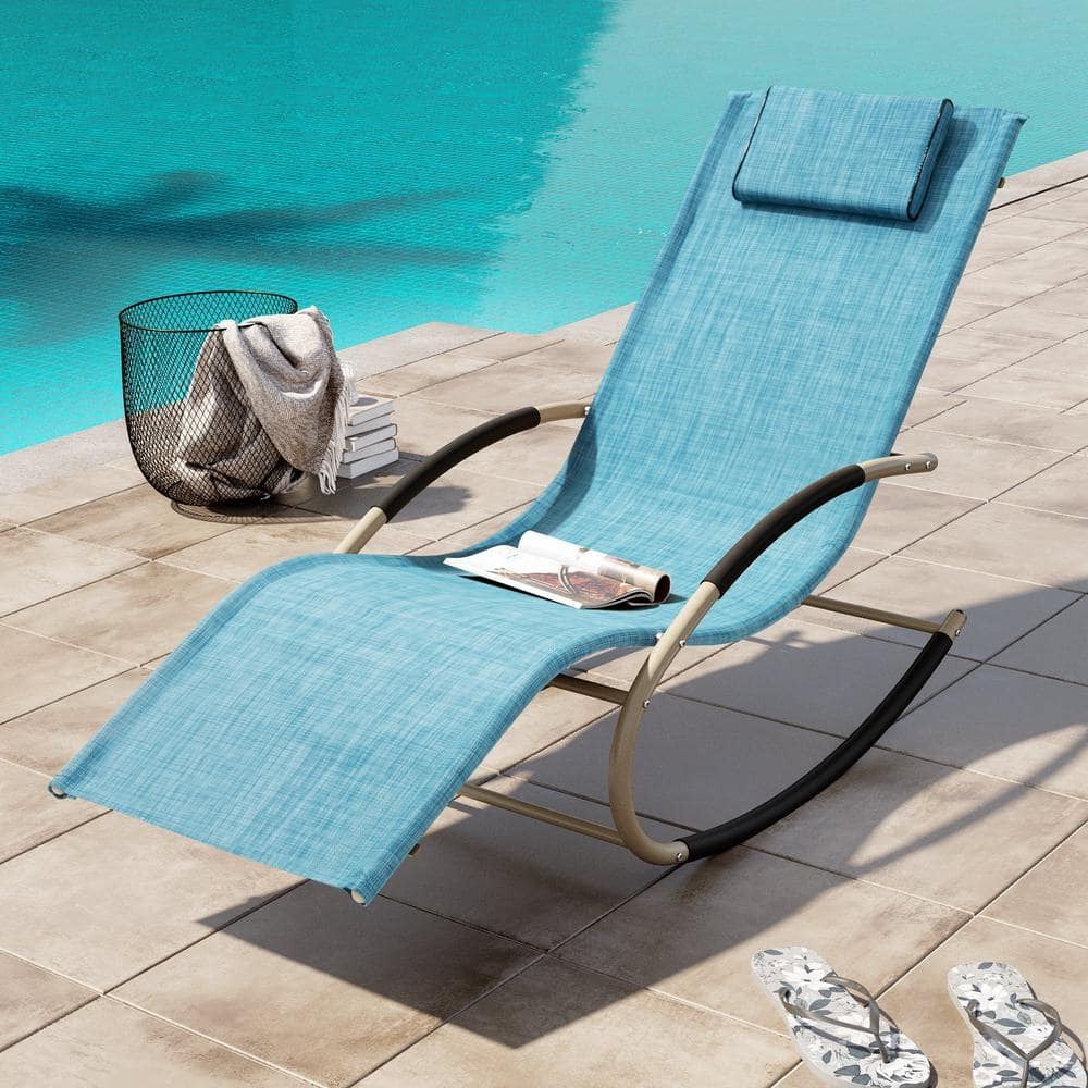 Metal Patio Outdoor Rocking Chair in Blue with Headrest (1-Piece)
