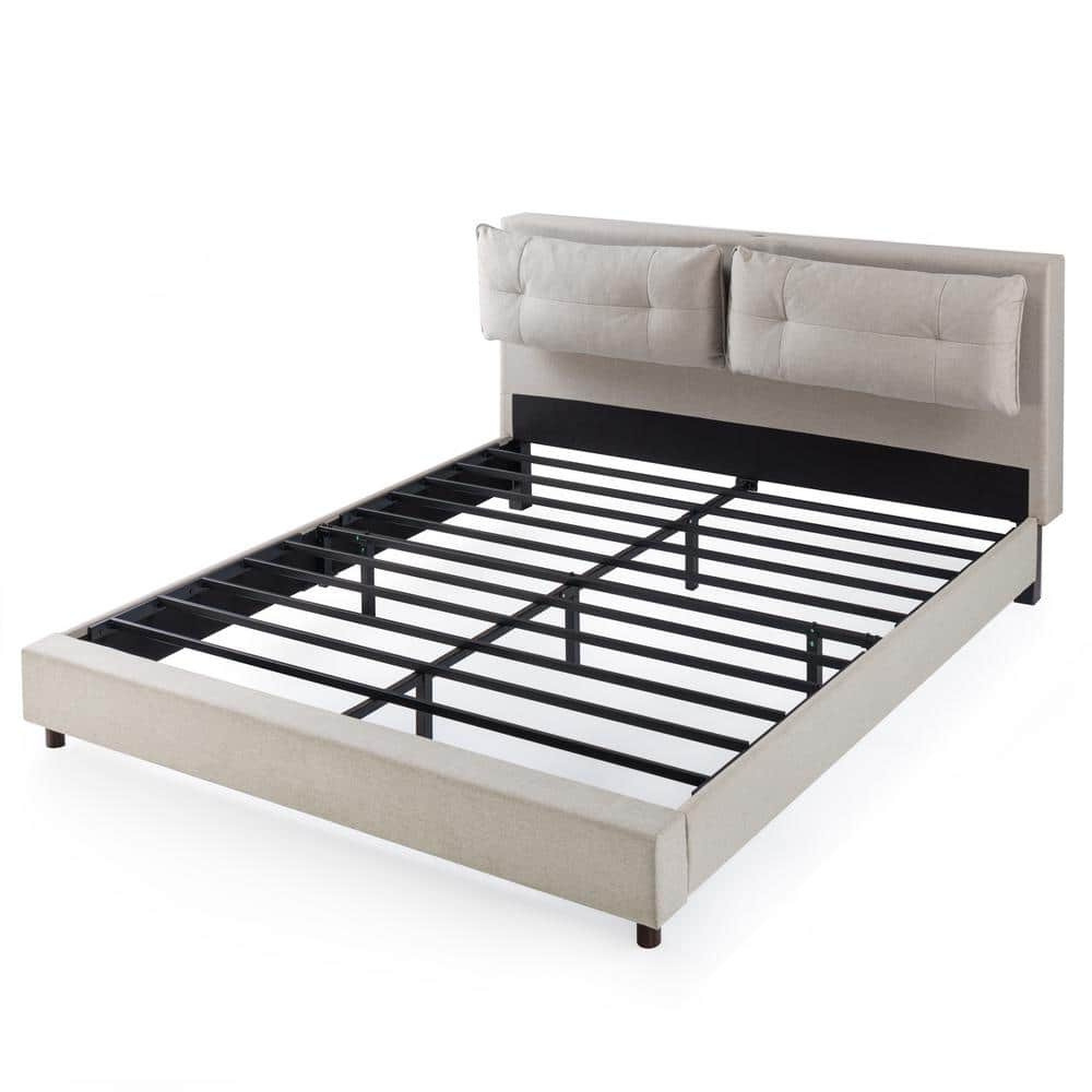 Zinus 39" Avery Platform Bed, Reclining Fabric Headboard and USB Ports, Beige, King
