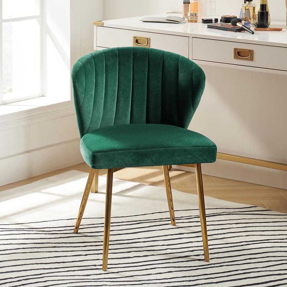 Velvet Wingback Dining Chair Upholstered Makeup Vanity Chair Gold Metal Legs Home Bedroom Green