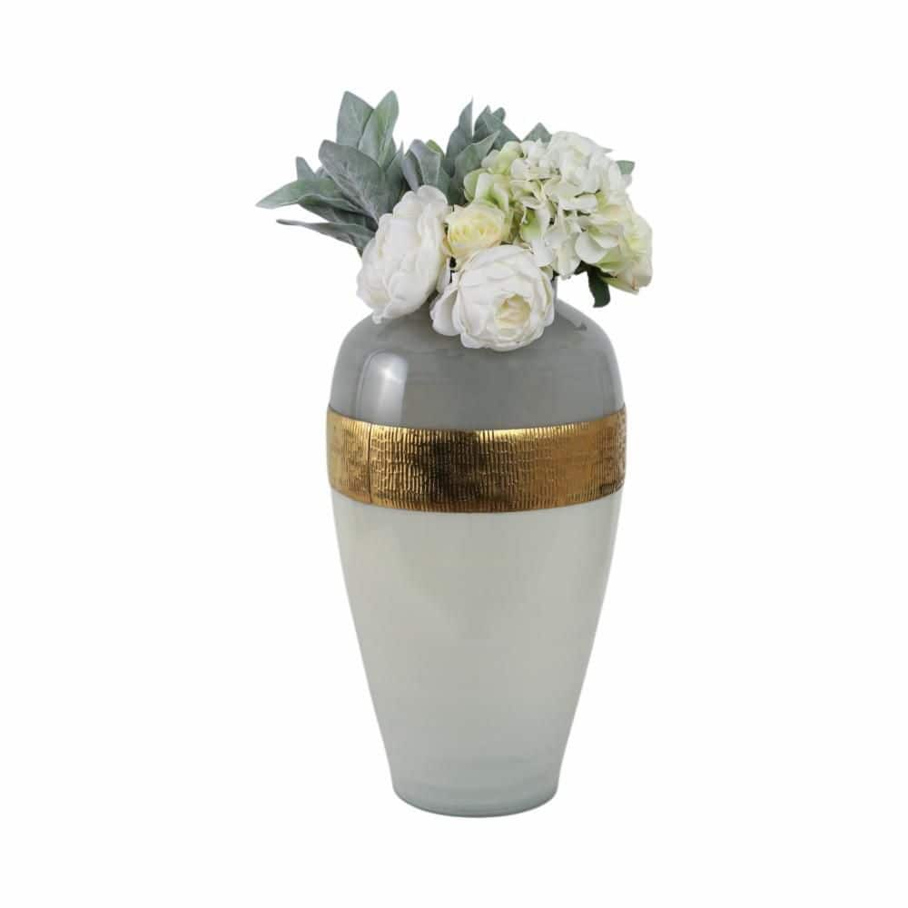 Sagebrook Home Glass 21"h Ginger Vase with  Brass Band, White