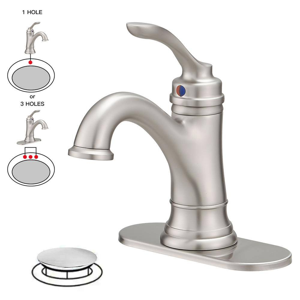 BWE Brushed Nickel Bathroom Faucet 1 Hole Single Handle Bathroom Sink Faucet with Brass Pop Up Drain and Supply Line High Arc Bath Vanity Faucet for Lavatory Mix Tap