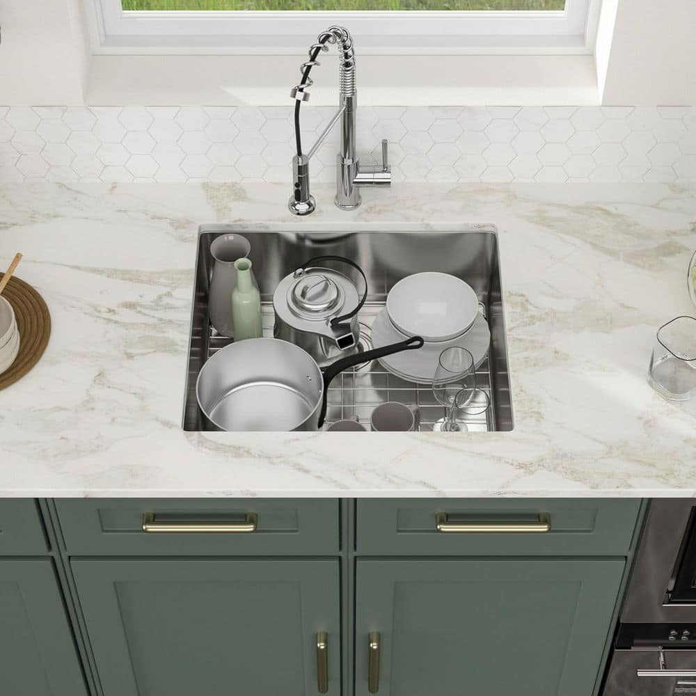 Logmey 25 Inch Drop In Kitchen Sink 25x22 In Handmade Stainless Steel Kitchen Sinks 16 Gauge Topmount Sink Single Bowl Round Corner Sink Bar Sink Prep 25x22x9 Inches