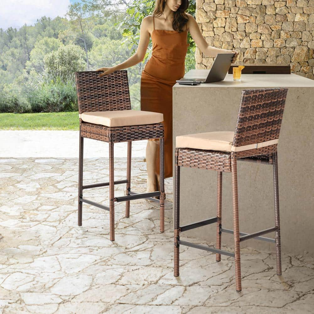 Off-white Cushioned Iron and Rattan Outdoor Bar Stools, Set of 2
