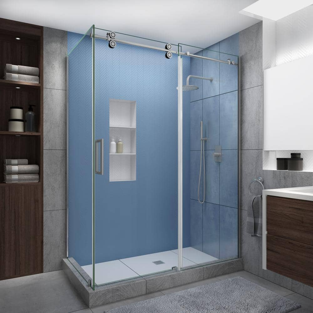 Langham XL 56-60 in. x 32 in. x 80 in. Sliding Frameless Shower Enclosure StarCast Clear Glass in Stainless Steel Left