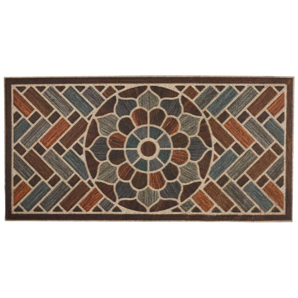Mohawk Home Entry Recycled Rubber Non- Slip Indoor Outdoor Stoney Medallion Brown & Blue Oversize Doormat 2' x 4'