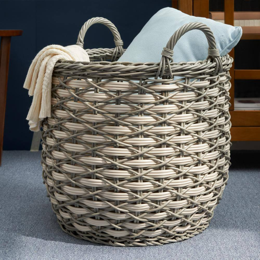White and Gray Round Resin Woven Wicker Storage Basket with Handles