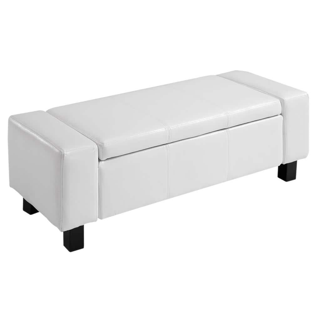 CCBIUOMBO 42\u201D Faux Leather  Ottoman Bench Organizer Chest Rectangular Footstool with Hinged Lid for Living Room  Entryway  or Bedroom - Cream White