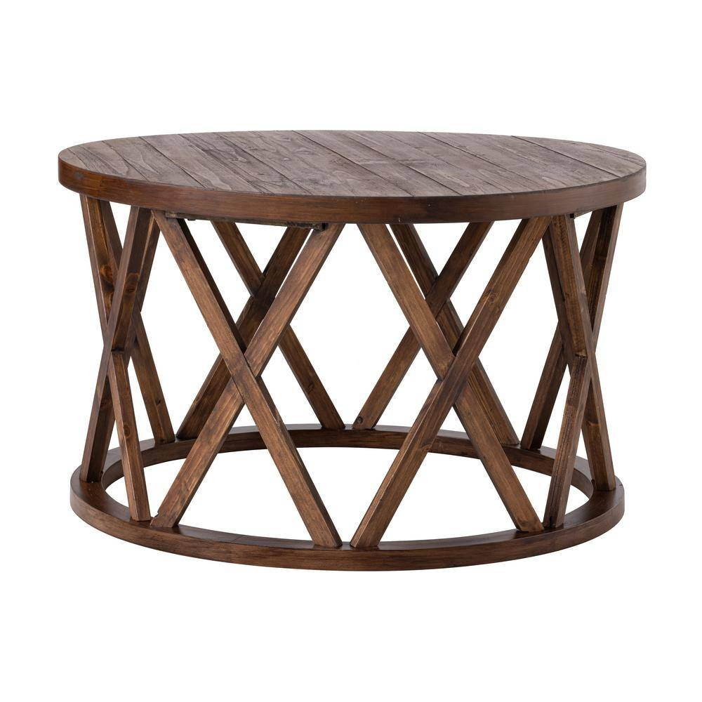 COZAYH Farmhouse Coffee Table, Rustic Round Coffee Table with X-Motifs Legs, Wood Textured Top, for Boho, French Country Decor, Brown