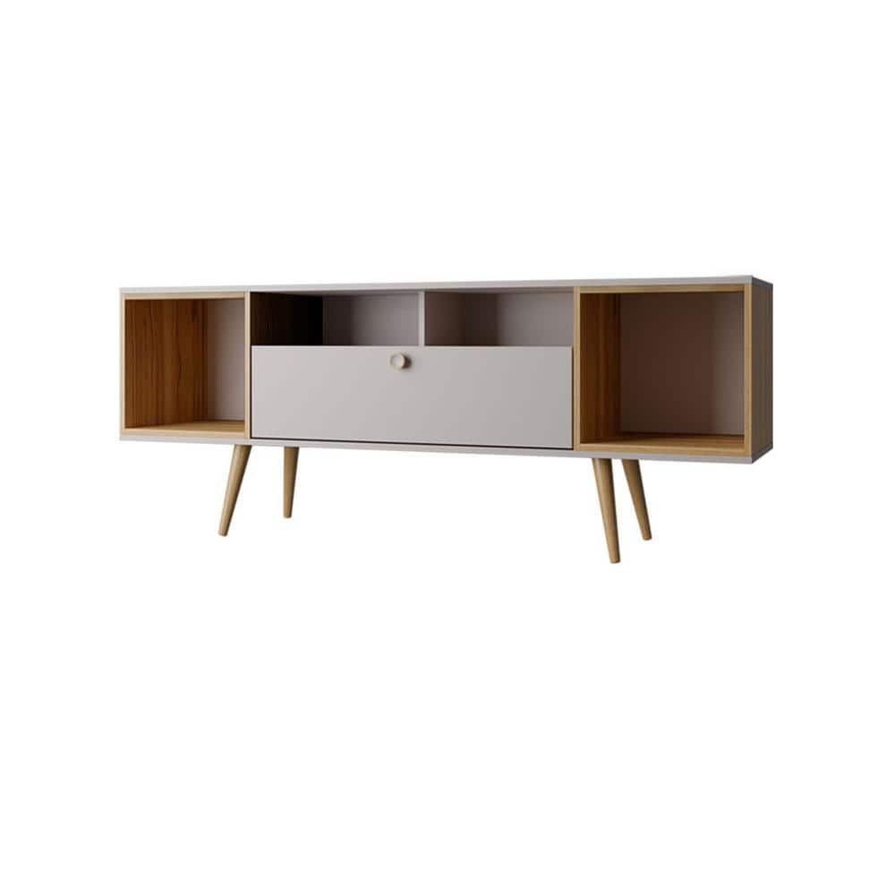 Theodore Wood 63" TV Stand with 6 Shelves in Off White & Cinnamon