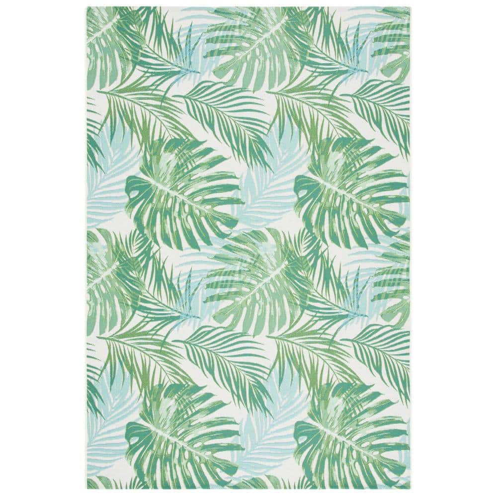 SAFAVIEH Barbados Tropical Palm Leaves Outdoor Area Rug, Green/Teal, 9'10" x 12'5"