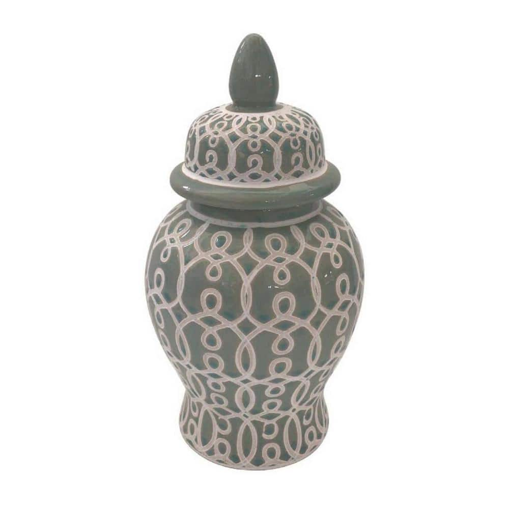 Olive Green Ceramic Temple Jar with Intricate Geometric Pattern