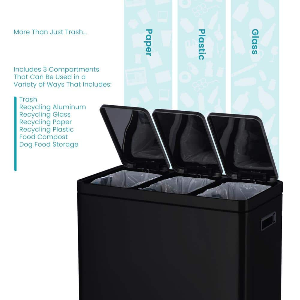 Black Stainless Steel 15.8 Gal. Step-On Kitchen Trash Can with Three Compartments