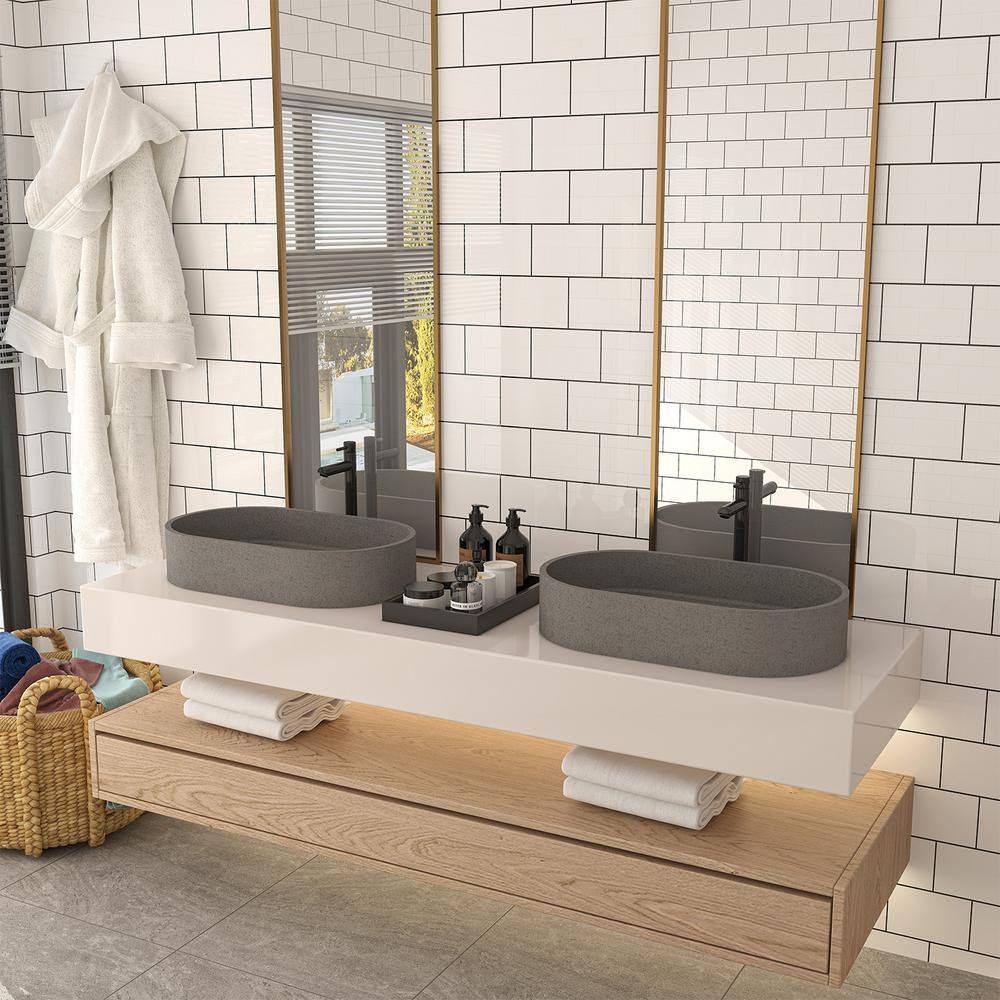 23.63 in. Oval Vessel Bathroom Sink with Pop-up Drain in Mottled Bluish Gray Cement