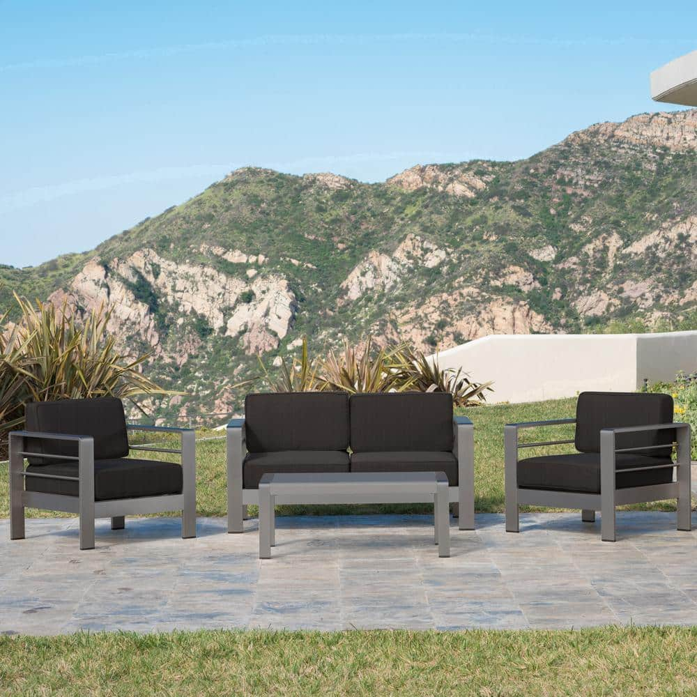 Noble House Cape Coral Outdoor Grey Aluminum 4 Pc Loveseat Chat Set
