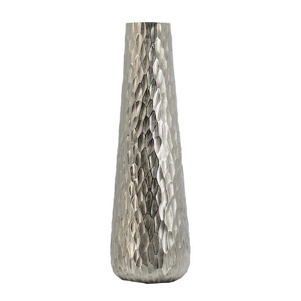 Benjara BM302673 23 in. Diamond Textured Tapered Aluminum Tall Oblong Vase, Silver