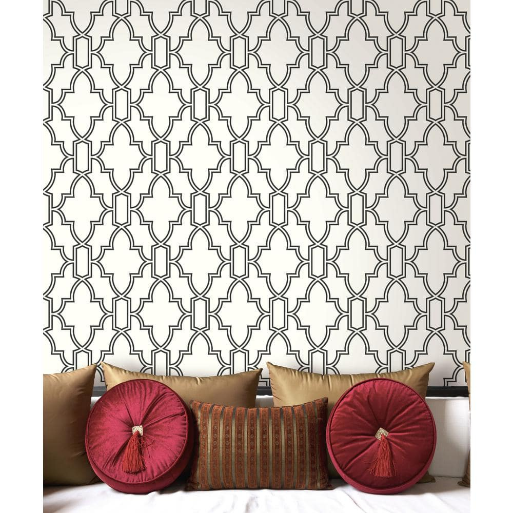 NextWall  Black and White Tile Trellis Peel and Stick Wallpaper - 20.5 in. W x 18 ft. L