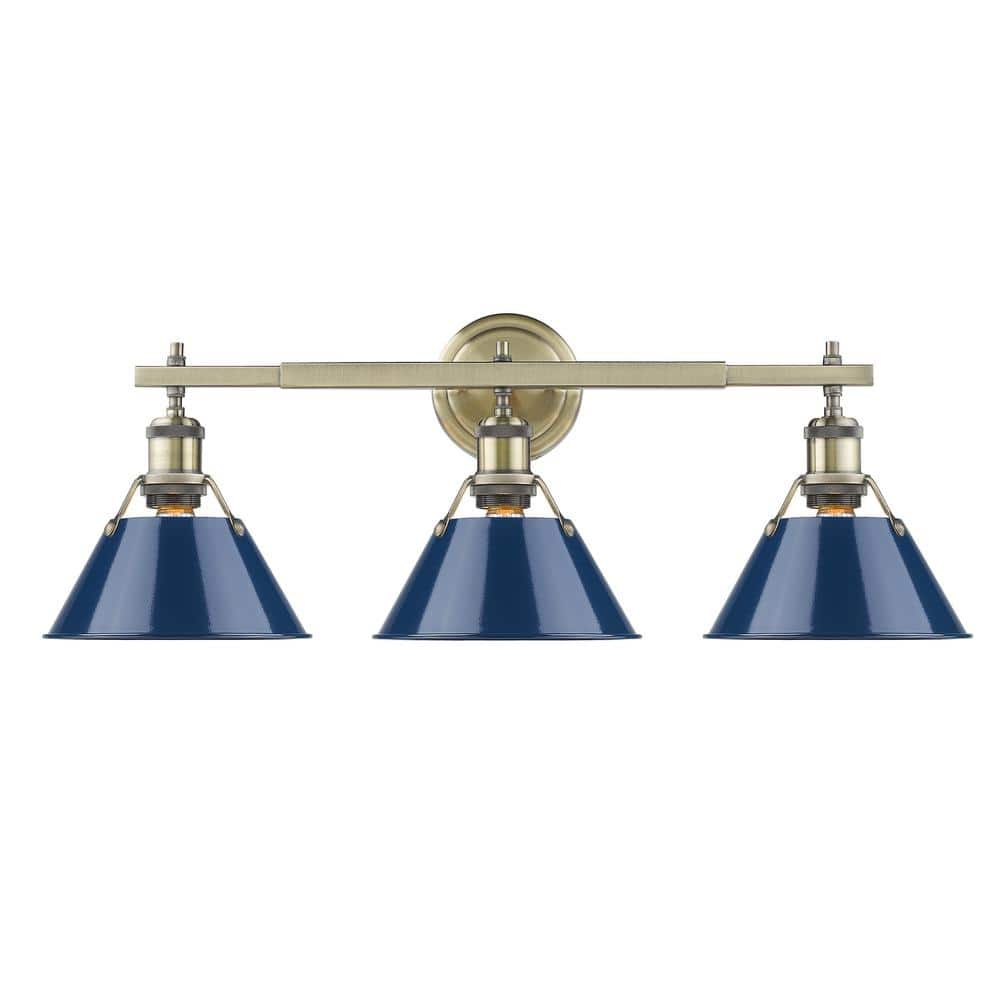 Golden Lighting Orwell 3-Light Vanity Light in Aged Brass with Navy Blue