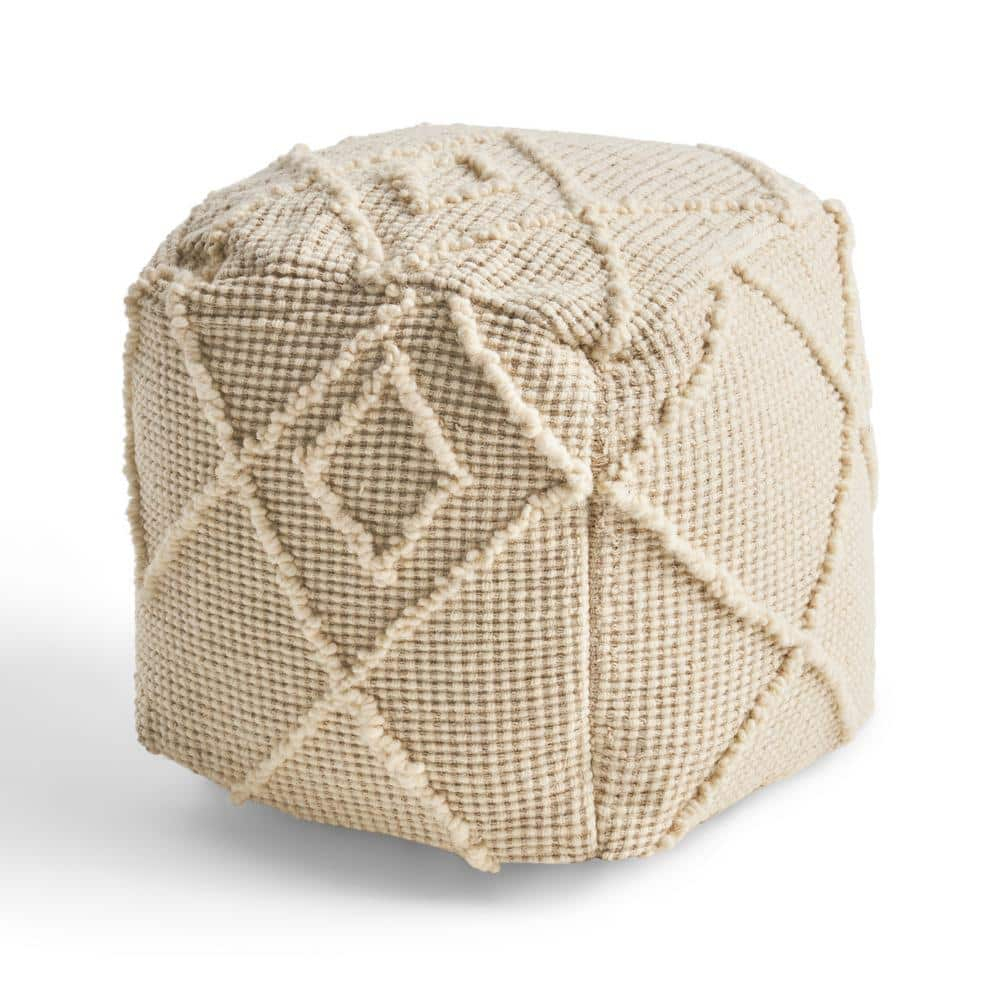 Noble House Cube Geometric Woven Wool Pouf, Off-White