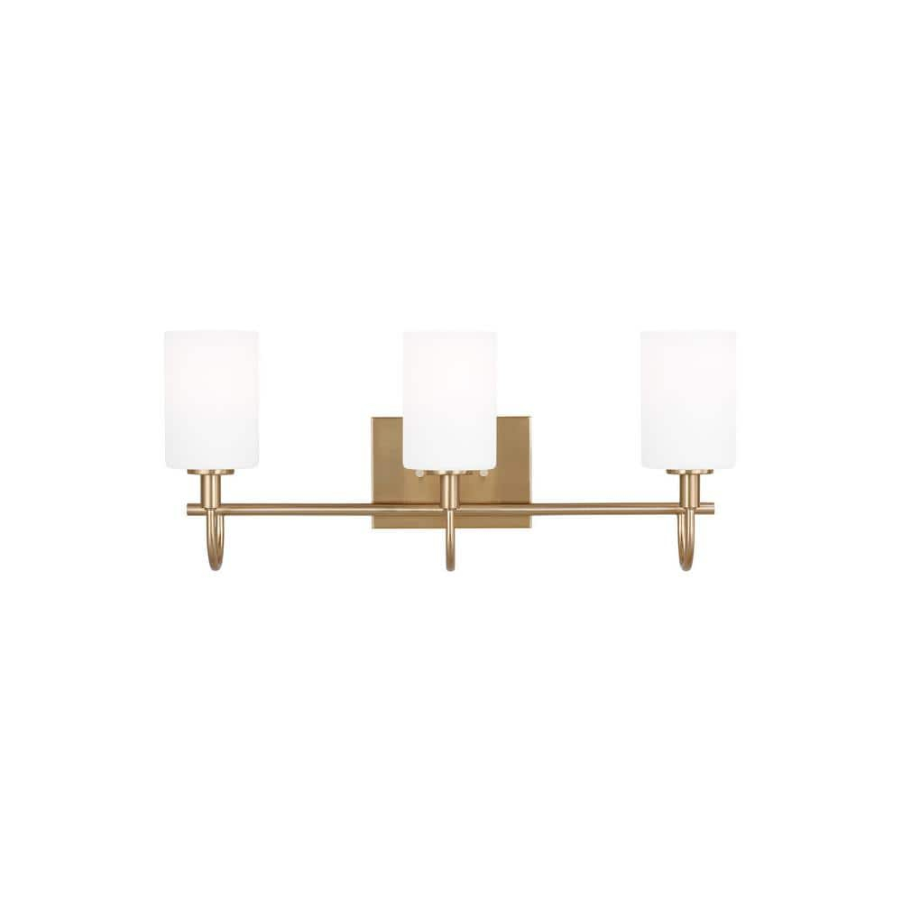 Oak Moore Satin Brass 3-Light Vanity with Etched White Glass
