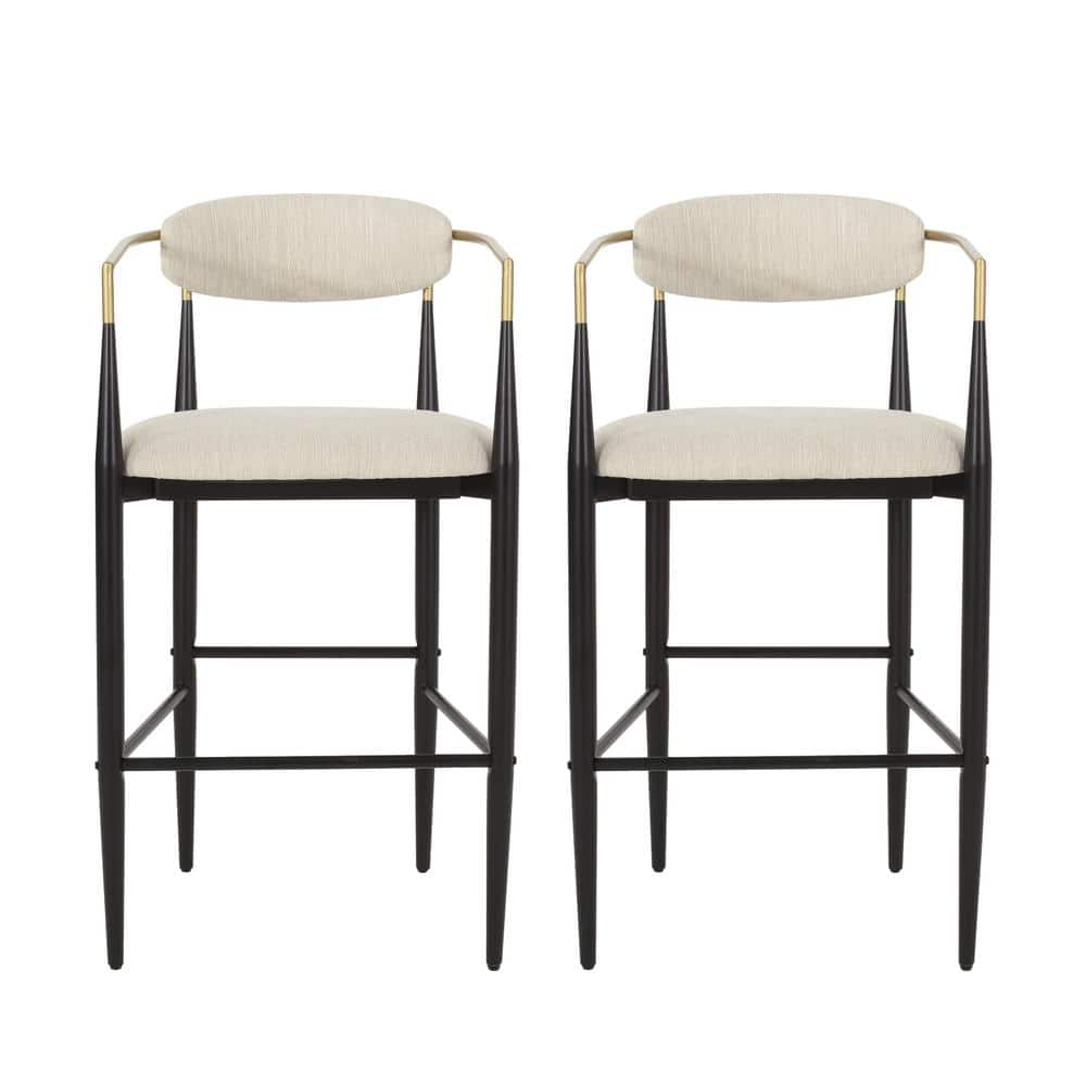 Noble House Boise Fabric and Metal 30 Inch Barstools, Set of 2, Beige, Black, and Gold