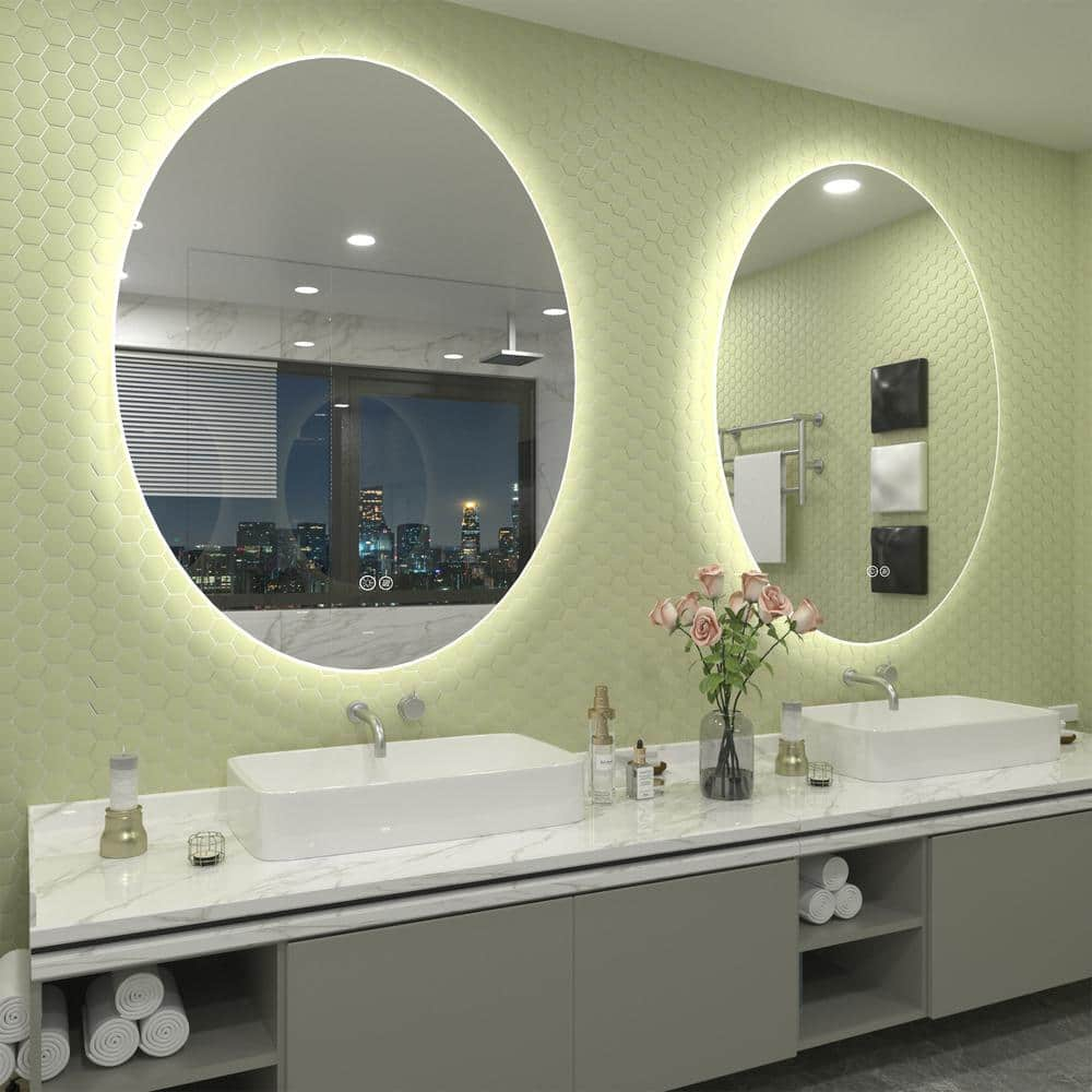 Apmir 28x20 Oval LED Wall Mirror with Backlit, Frameless Anti Fog LED Bathroom Vanity Mirror，Dimmable 3 Colors, Memory Function